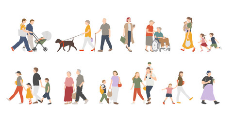 多世代の人々が歩く日常生活のイラストセット © necoshimaco