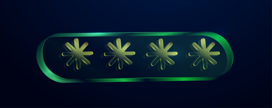 3D glass password pin field with glowing green asterisks