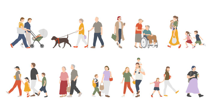 多世代の人々が歩く日常生活のイラストセット