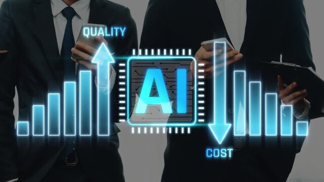 Business Team Analyzing AI Impact on Quality and Cost with Graph Representation in Modern Office Setting Sigmoid