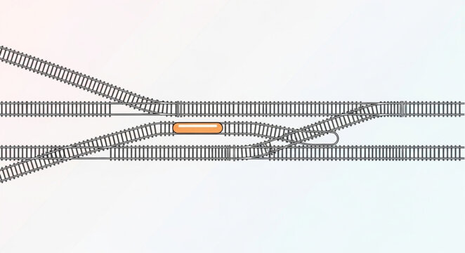 Railway track switch junction with multiple lines converging.