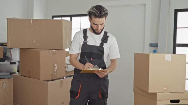 Man crouching and writing on a clipboard beside stacked cardboard boxes in a building, wearing black overalls and white t shirt, checking inventory; concentration.