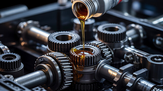 Industrial gear lubrication process using golden oil poured into metal machinery closeup mechanical assembly maintenance engineering repair heavy duty hardware equipment performance.