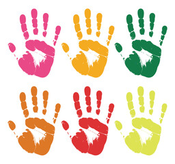 Fototapeta premium Six Colorful Hand prints in Grid Pattern, Bright Multicolor Paint Hand Print Collection for Kids Art, Creative Education, Diversity Concept, Isolated Vector Illustration