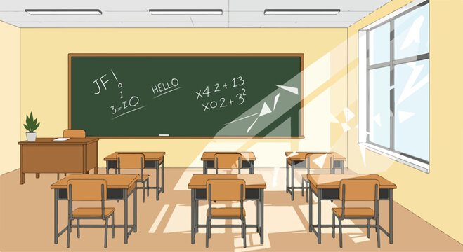 A classroom with desks and a chalkboard