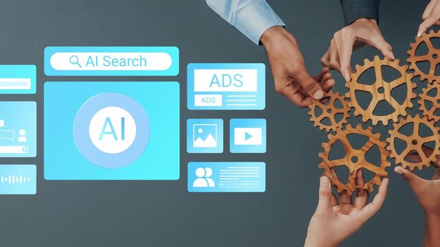 Hands Interacting with AI Technology Interface, Showcasing Search, Voice Assistance, and Data Ads in a Modern Digital Workspace Environment Gluon.