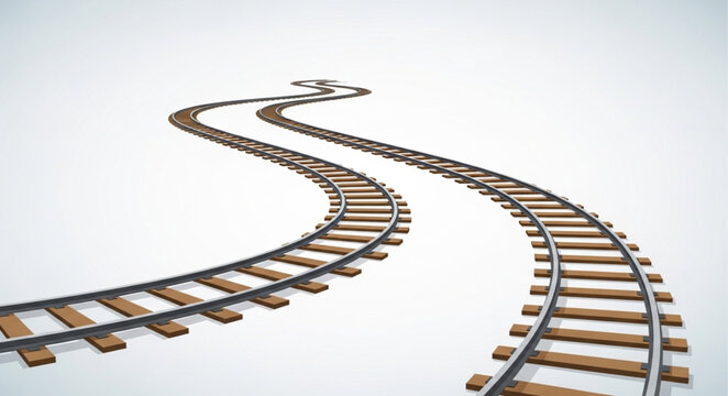 Curving train tracks disappearing into the distance on a white background.