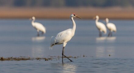 Obraz premium Whooping crane wading in serene wetland at golden hour with reflections and flock in background perfect for Whooping Crane Day