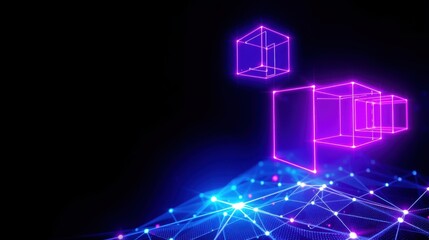 Fototapeta premium Abstract neon cubes float above glowing network. Digital connections form base, futuristic design. Dark background emphasizes bright lines.