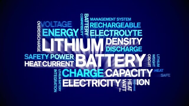 Lithium Battery animated word cloud-text design animation tag kinetic typography seamless loop.