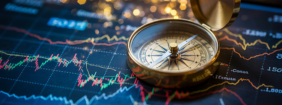 Vintage brass compass placed on top of detailed financial trading chart showing market fluctuations with glowing bokeh light highlights symbolizing navigation in stock economy.