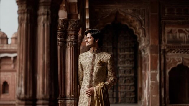 Indian man wearing royal sherwani with intricate embroidery, premium cultural fashion concept