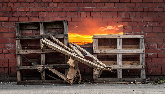 Wooden pallets with exposed sunset behind a brick wall