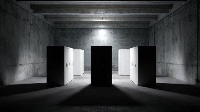 Server Room in Shadows: A collection of data servers, bathed in a stark spotlight against a backdrop of concrete, embodies the silent strength of modern technology, ready to support the digital world.