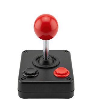 Retro arcade joystick with red ball isolated. Gaming controller mockup.
