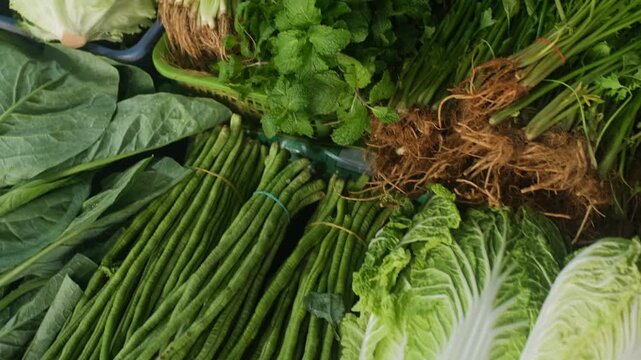 Display of cucumbers beans mint cabbage lettuce and green onions arranged on vegetable stall at indoor market. Healthy food concept