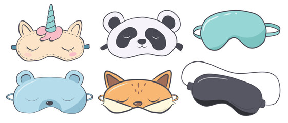 set of animals sleep masks Hand drawn illustration unicorn, fox, bear and panda for pajama party, slumber party and sleeping designs. © EvgeniiasArt