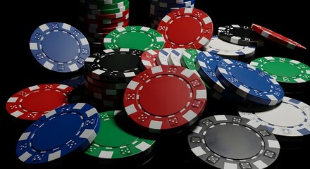 Naklejka premium A vibrant assortment of red, blue, green, and black poker chips are scattered and stacked on a dark surface, highlighting the excitement of casino games and strategic play.