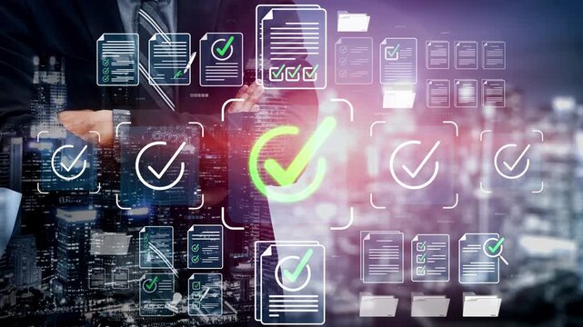 Modern Businessman Overlooking Cityscape with Digital Checkmarks Representing Success, Data Management, and Technology Advancement in a Corporate Environment Sigmoid