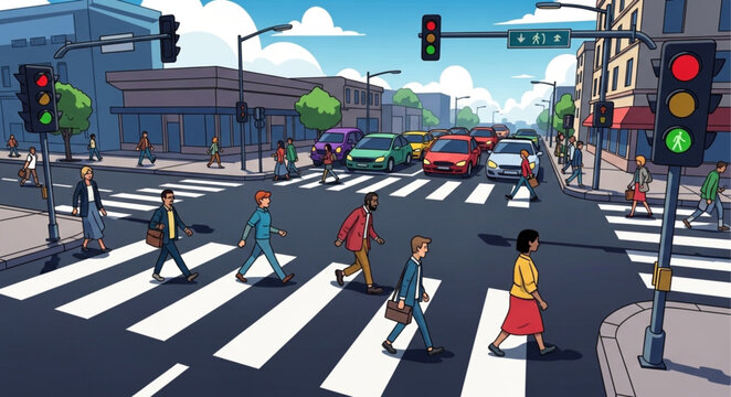 People crossing a busy city street at a crosswalk with traffic lights.