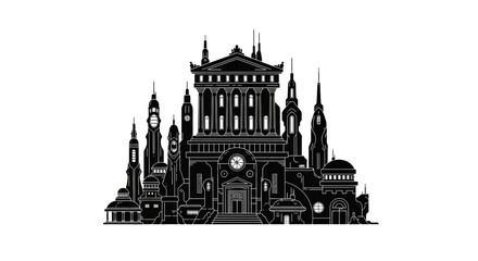 Naklejka premium Black and white silhouette of a gothic city building ? urban design