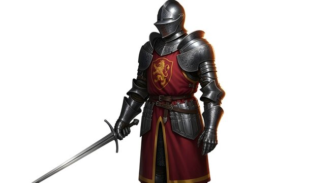 A majestic knight in full plate armor, adorned with a red tabard featuring a golden lion emblem, stands ready with a gleaming sword.