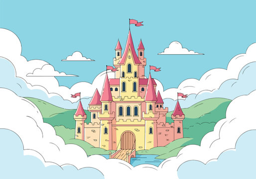 A whimsical castle floats amidst fluffy clouds and rolling hills
