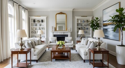 Fototapeta premium Elegant Living Room with Classic Furniture and Neutral Tones.