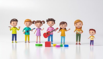 Fototapeta premium A diverse group of children in casual attire, joyfully playing musical instruments and interacting with colorful blocks