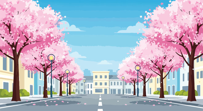 A serene city street lined with pink blooming trees