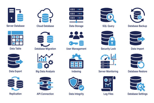 Database management vector illustration containing sql query server migration and big data analysis.