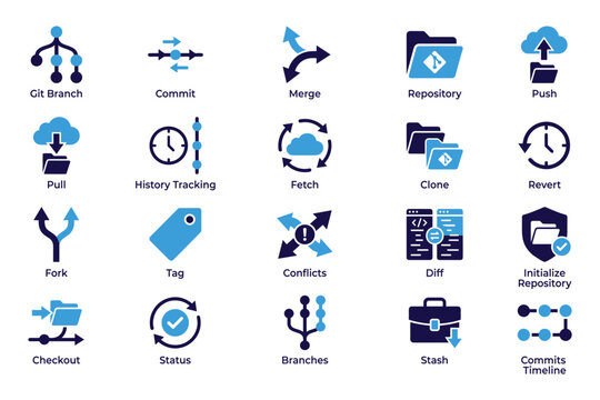 Version control system vector illustration icons for git branch commit and repository management.