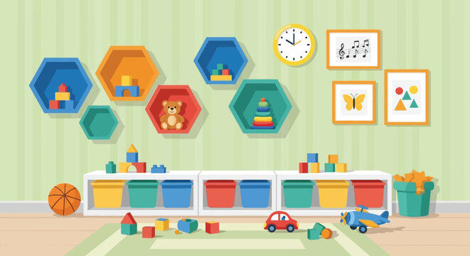 A cheerfully decorated children s playroom features colorful hexagonal shelves building blocks and playful artwork