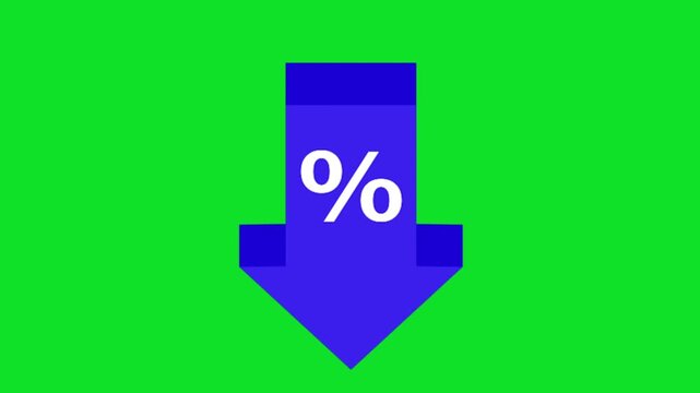 3D blue arrow pointing downward with a white percentage symbol, representing decreasing rates, financial discounts, or economic decline against 4K stock animation video on a green screen background.