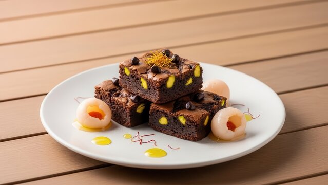 Gourmet chocolate brownies with pistachios, lychee, and saffron threads on a wooden table