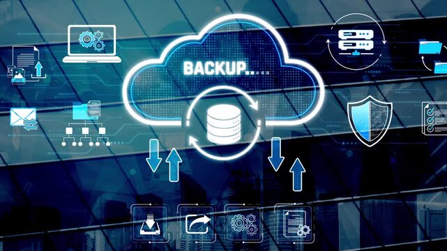 Cloud Backup Solutions for Data Security and Storage Management in Modern Business Applications with Technology Icons and Graphics Sigmoid