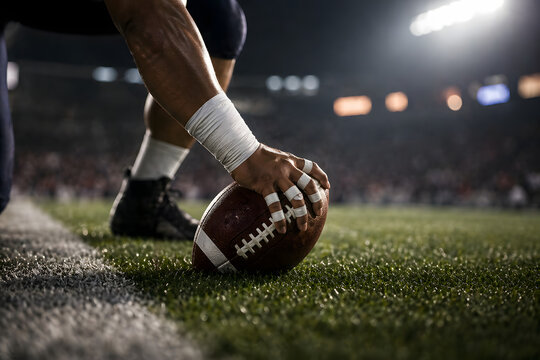 American football player setting up for a field goal attempt, stadium background