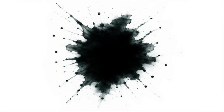 A grunge vector illustration of black ink splats and liquid paint splashes featuring dirty art textures, drips, and messy spray blots as a silhouette design element on a white background
