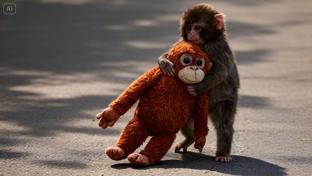 Baby monkey hugging a stuffed monkey toy.