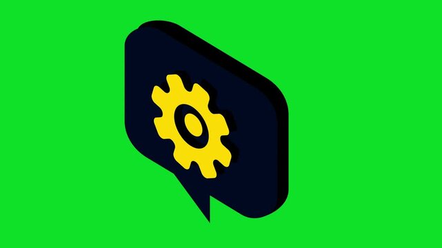 A sleek, modern 3D isometric speech bubble featuring a rotating yellow gear icon 4k stock animation video on a green screen background for chroma key background for video editing.