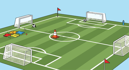 A cartoon-style illustration of a green soccer field © Risqi