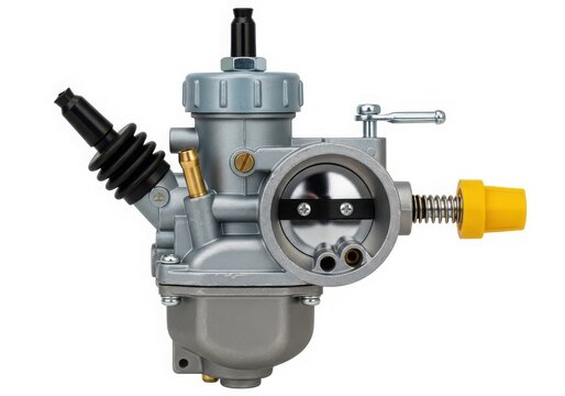 Close-up view of a carburetor with a black throttle cable and a yellow fuel line.