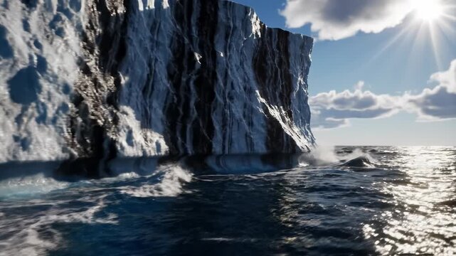 Massive white and blue iceberg wall standing in a choppy ocean with waves crashing against the ice, creating spray and foam under a bright sun with lens flare and a clear blue sky.