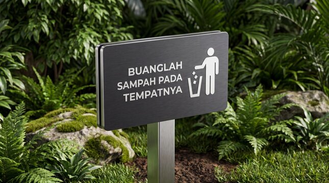 Redesigned littering warning sign in Indonesian park for trash disposal