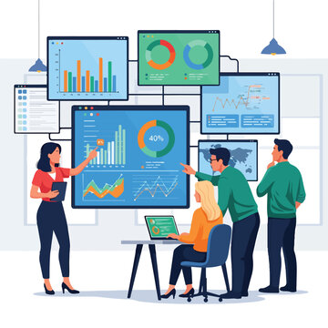 A group of people analyzing data on multiple screens