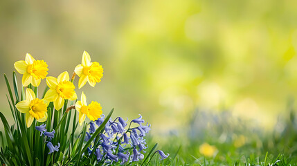 Fototapeta premium Vibrant Yellow Daffodils and Bluebells Blooming in Lush Green Spring Grass.