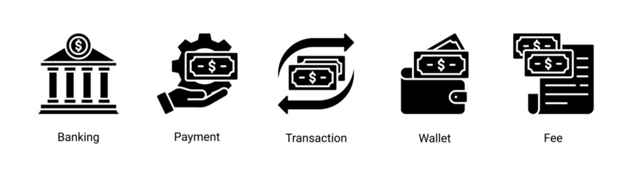 Banking icon set featuring payment,transaction,wallet,and fee icons.Suitable for fintech apps and digital financial services.