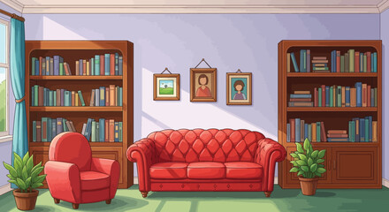 A brightly lit living room features a red sofa bookshelves artwork and potted plants inside © grvect02