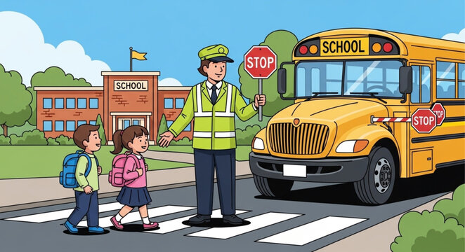 School crossing guard helps children cross the street safely near a school bus.
