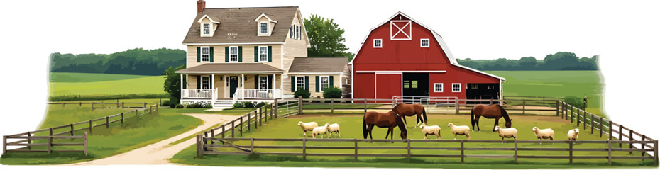 Farmhouse with Red Barn and Horses in Green Field © Yasmeen 